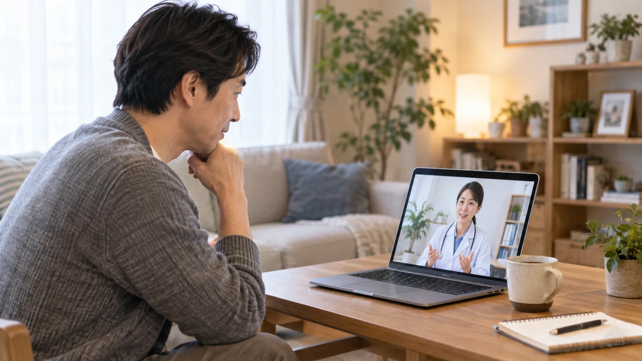 薬について自宅から医師にオンラインで相談する男性 薬について自宅から医師にオンラインで相談する男性