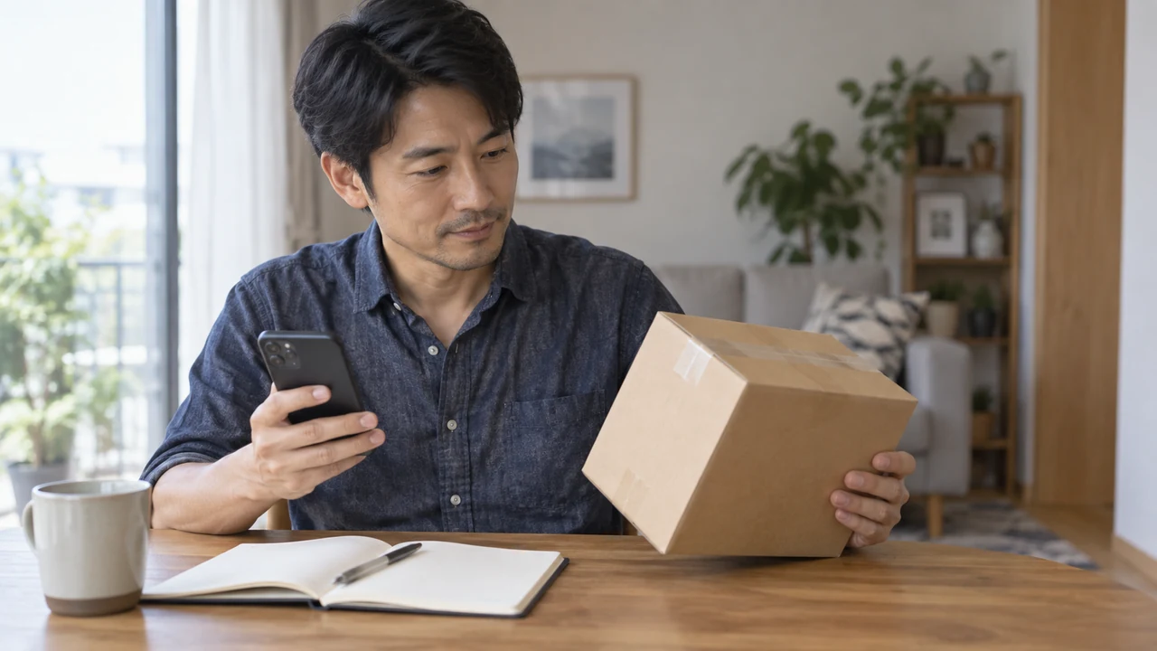 自宅で薬の配送用の箱と受取り予定を確認する男性 自宅で薬の配送用の箱と受取り予定を確認する男性