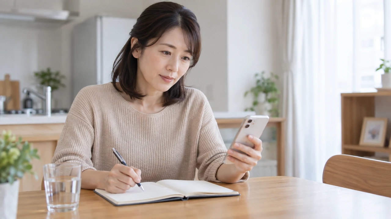 診察前に体調と相談したいことを手帳にまとめる女性 診察前に体調と相談したいことを手帳にまとめる女性