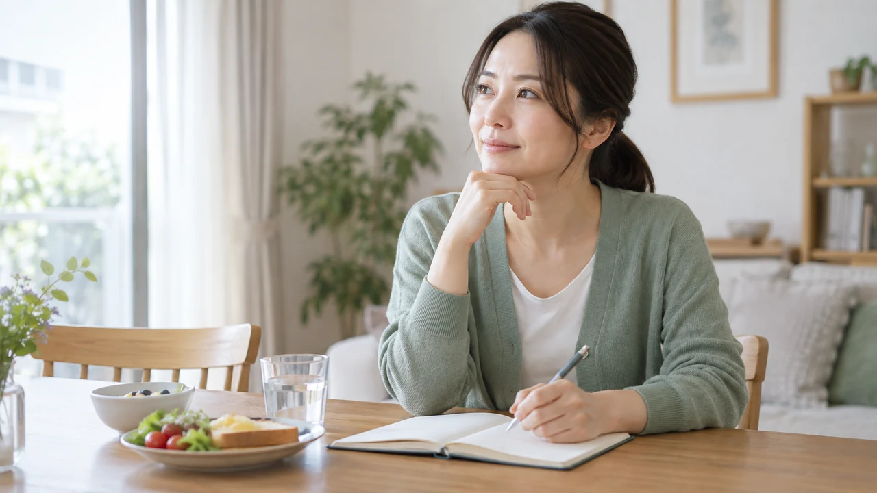 食事と生活習慣を手帳で振り返る女性