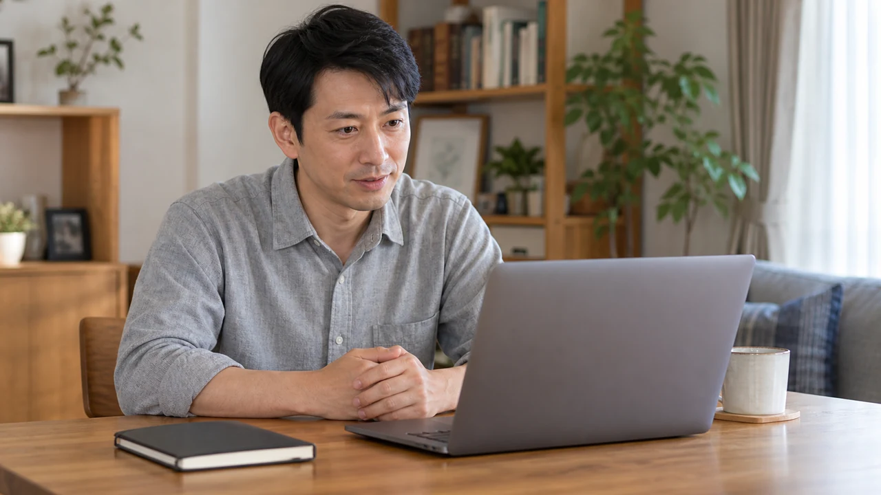 治療の経過について自宅からオンラインで相談する男性