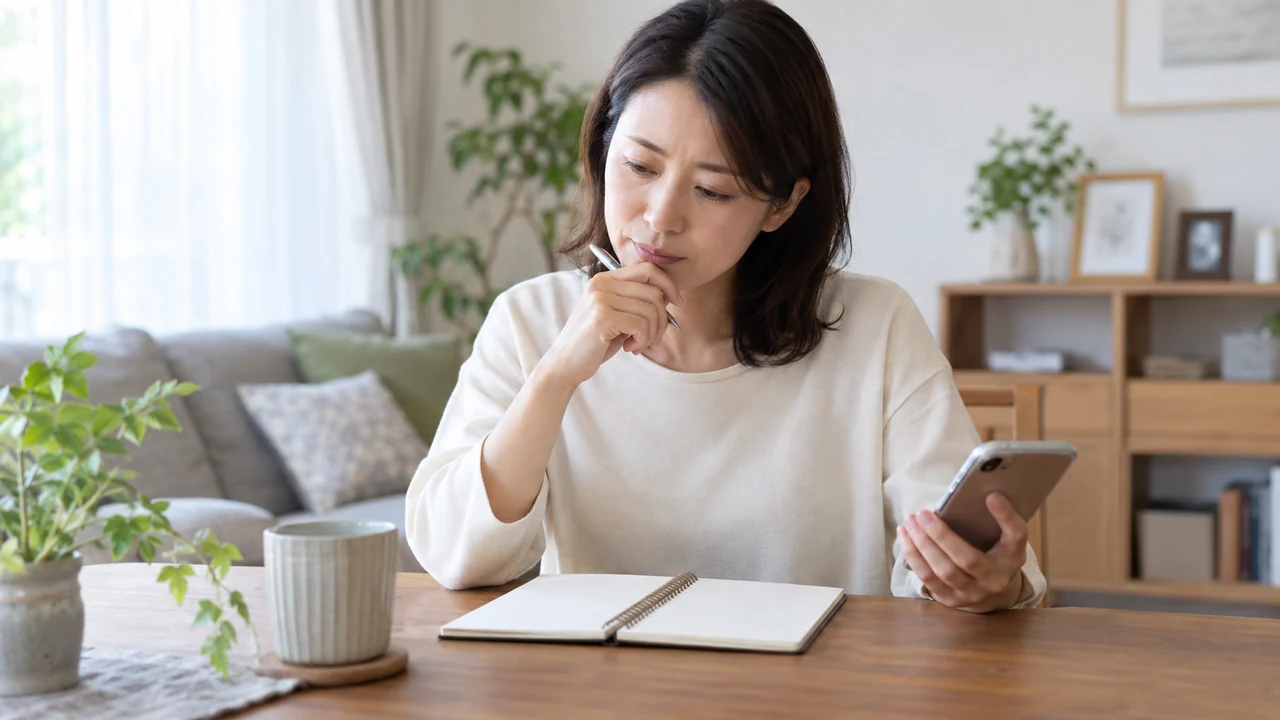 体調の記録を確認し再診の相談を準備する女性