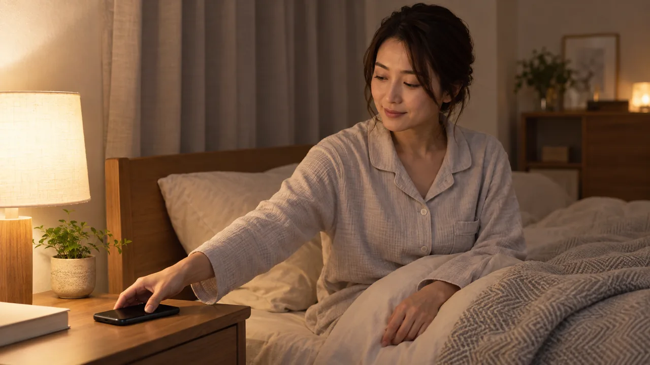 就寝前にスマートフォンを置いて休む準備をする女性 就寝前にスマートフォンを置いて休む準備をする女性