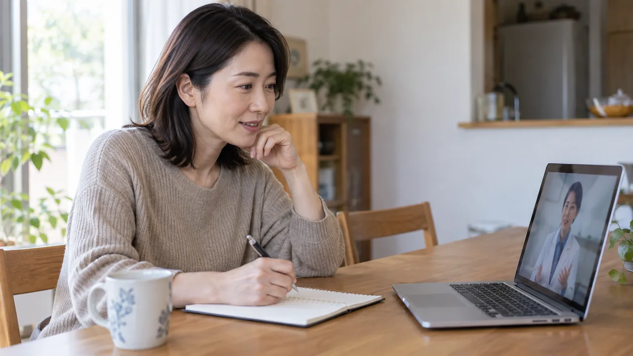 肌と生活習慣について自宅からオンラインで相談する女性 肌と生活習慣について自宅からオンラインで相談する女性