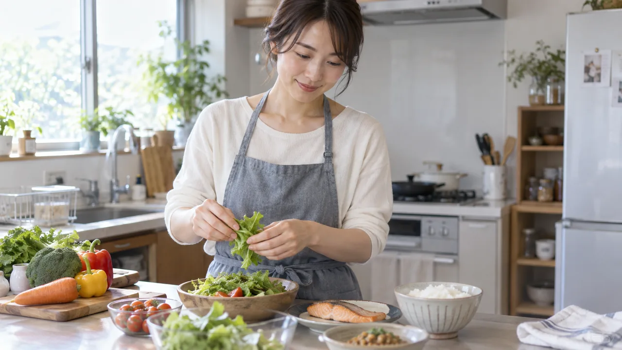 バランスを考えながら自宅で食事を準備する女性 バランスを考えながら自宅で食事を準備する女性