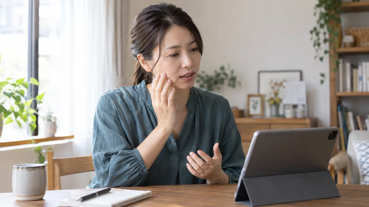 自宅から肌の悩みをオンラインで相談する女性