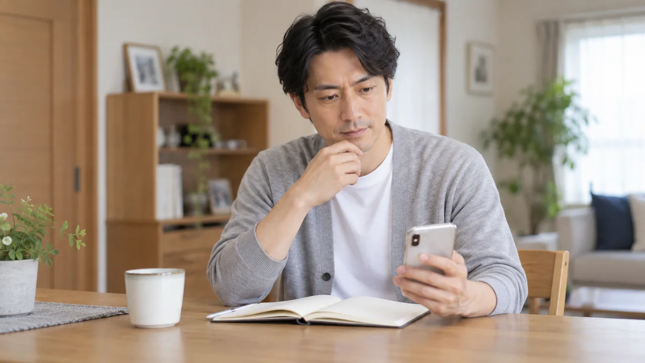 自宅でノートとスマートフォンを見ながら治療予定を確認する男性