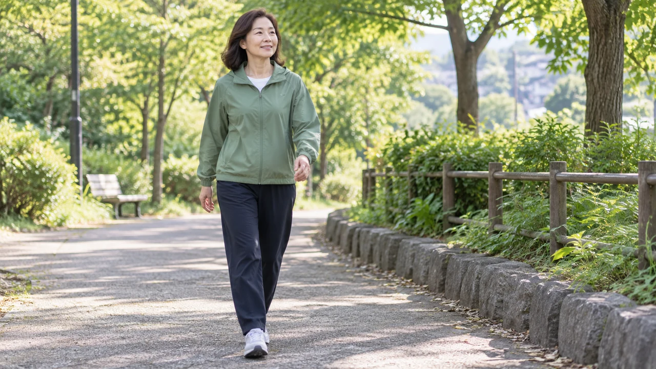 日々の健康づくりのため公園を歩く女性 日々の健康づくりのため公園を歩く女性
