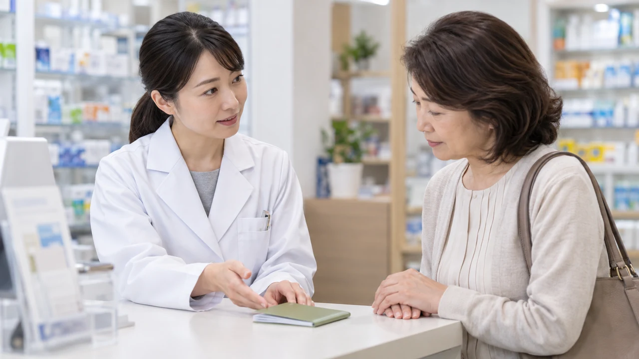 薬剤師に薬とサプリメントの飲み合わせを相談する女性