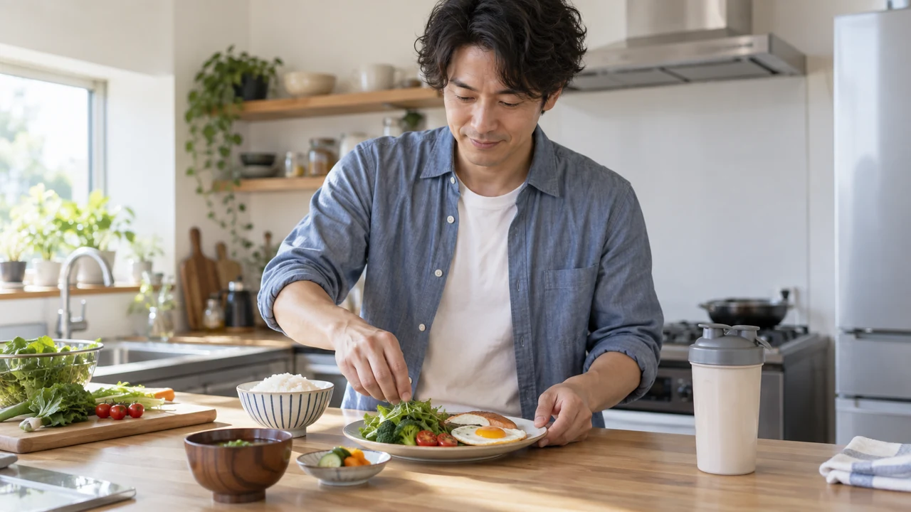 栄養のバランスを考えながら朝食を準備する男性