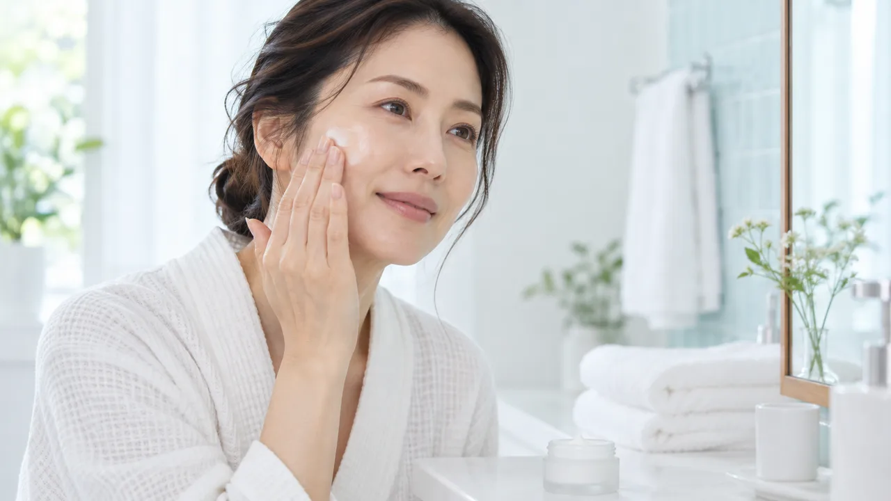 肌をこすらずに保湿剤をなじませる女性