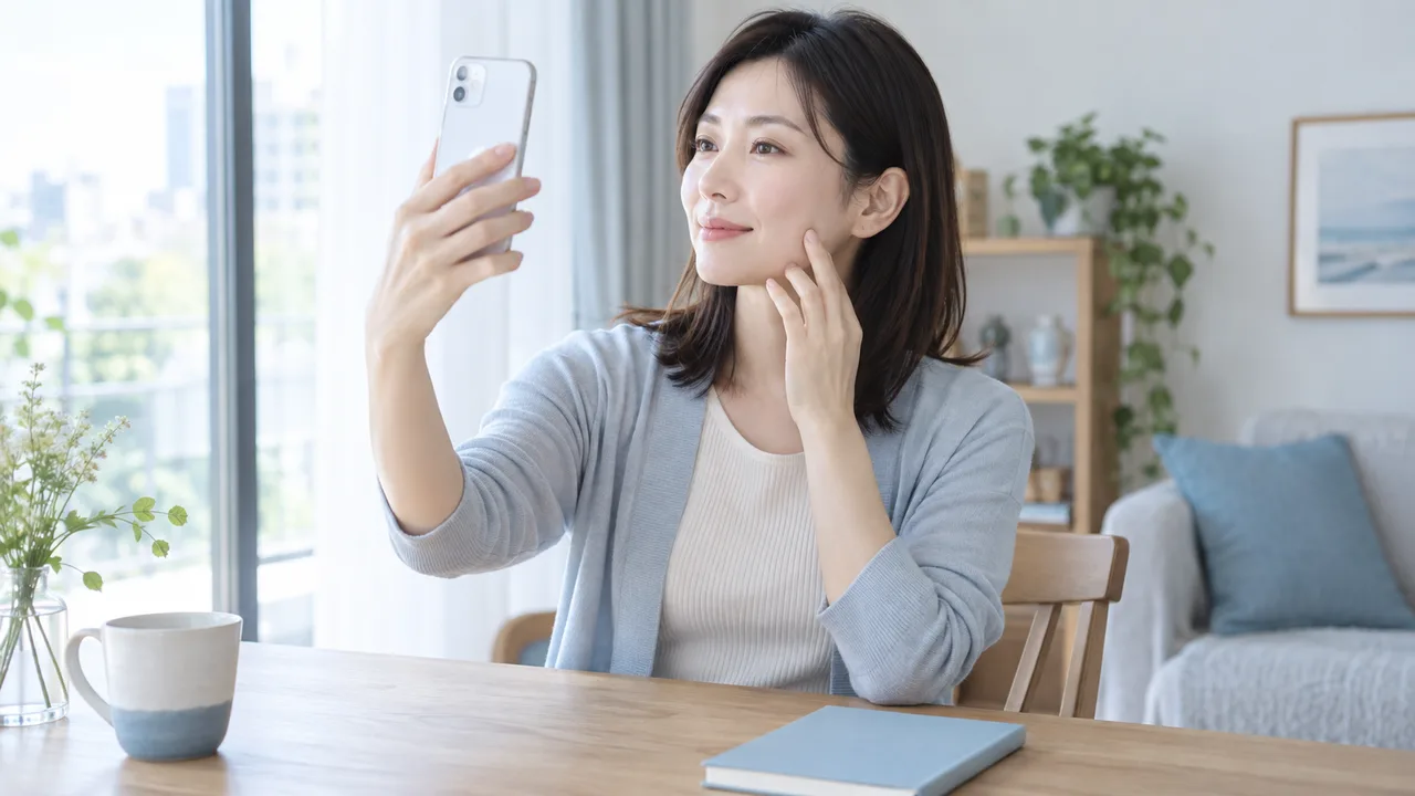 オンライン診療に備えて肌の写真を撮る女性