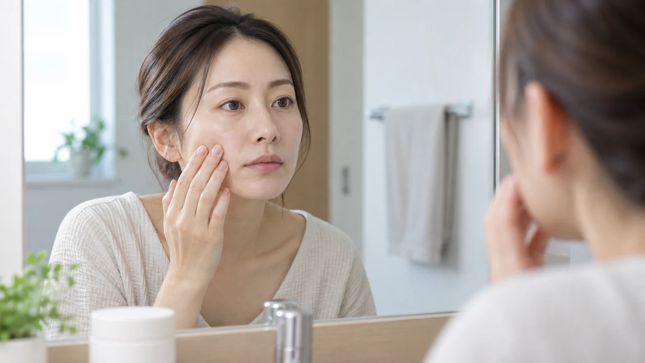 外用薬を使う前に鏡で肌の状態を確認する女性 外用薬を使う前に鏡で肌の状態を確認する女性
