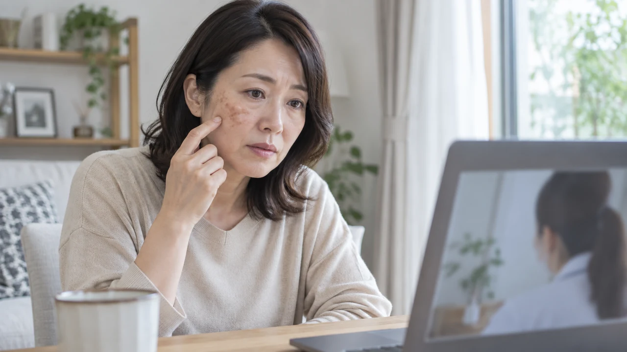 肌の色素沈着について自宅からオンラインで相談する女性 肌の色素沈着について自宅からオンラインで相談する女性