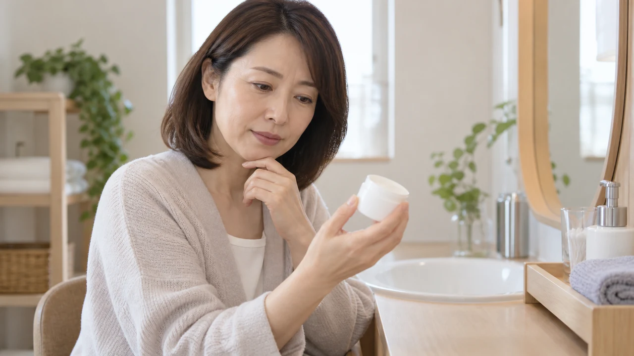 外用ケアの使用前に容器を確認する女性 外用ケアの使用前に容器を確認する女性