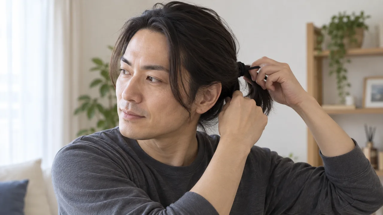 髪を強く引っ張らないよう結び方を見直す男性