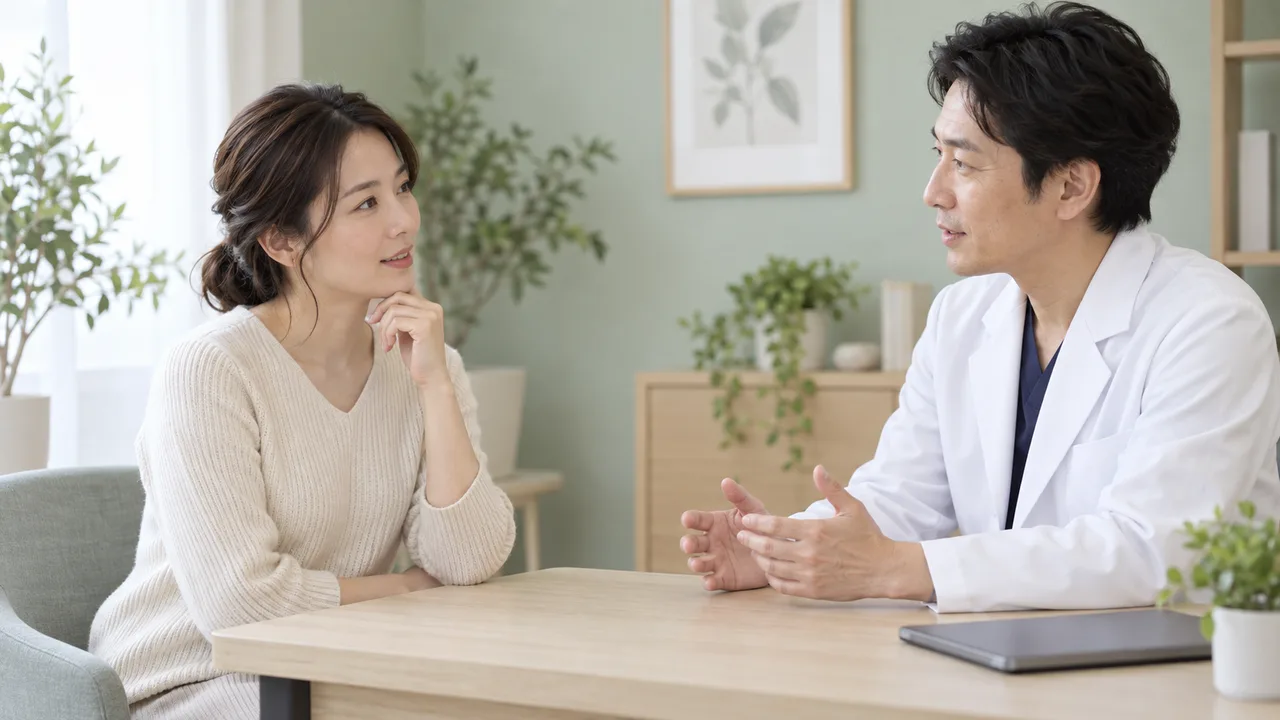 普段の髪型と抜け毛の関係を医師に相談する女性