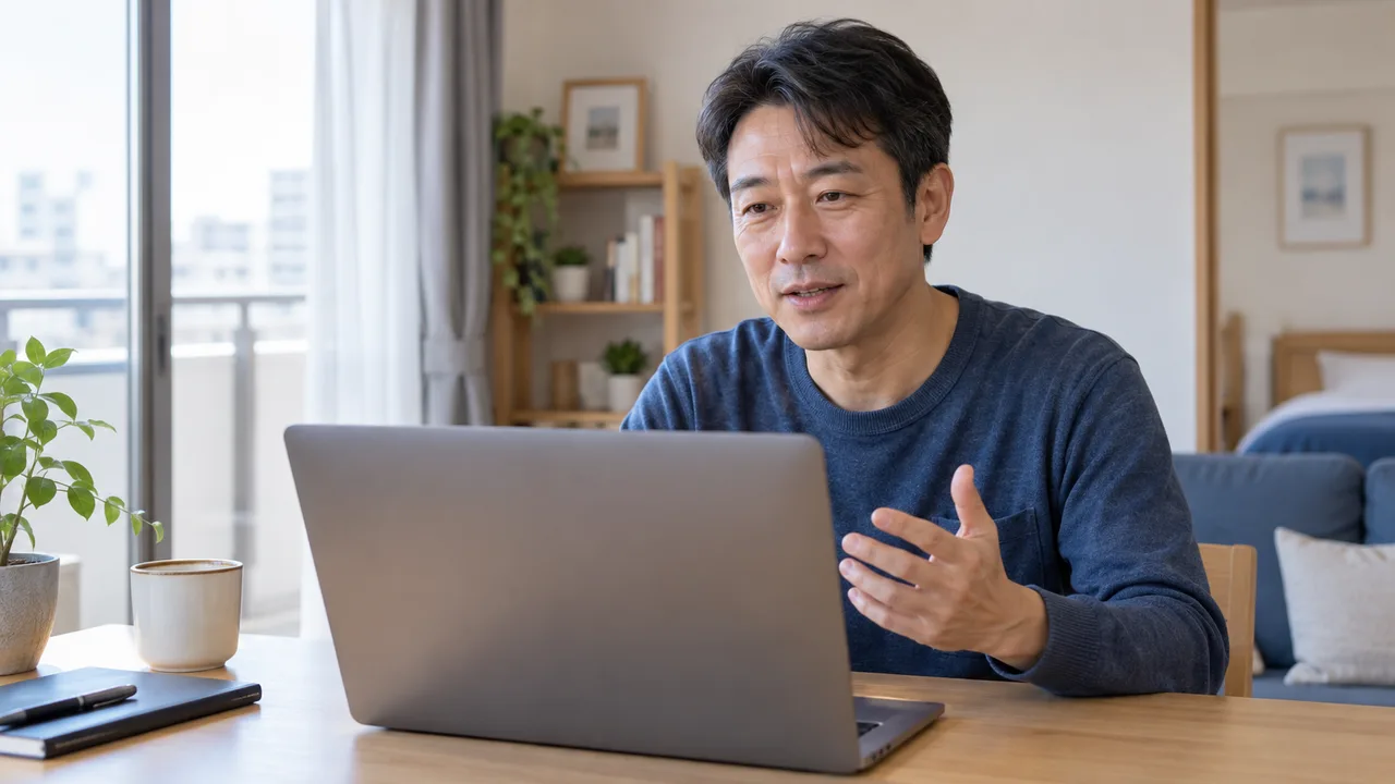 薄毛の経過について自宅からオンラインで相談する男性