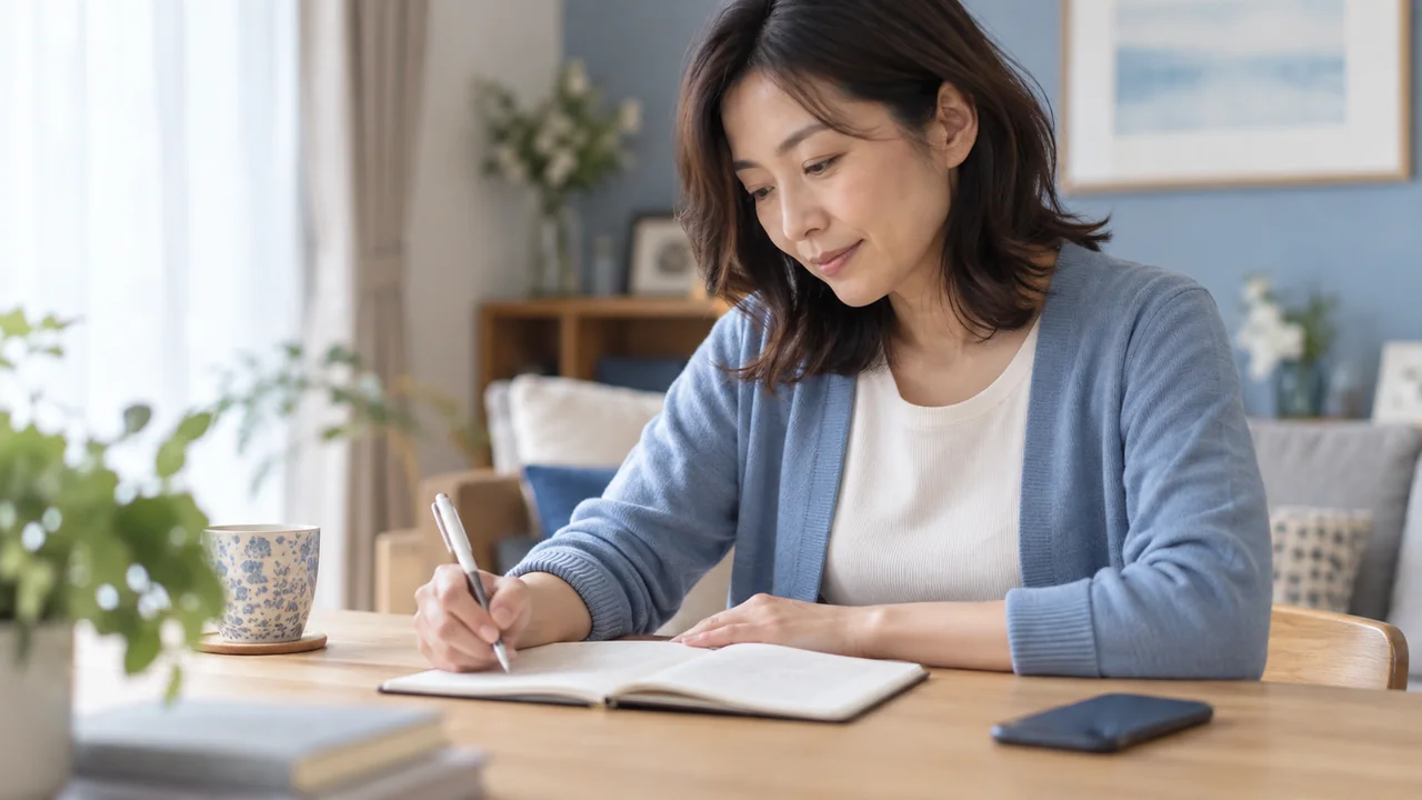 体調や相談したいことをノートに記録する女性