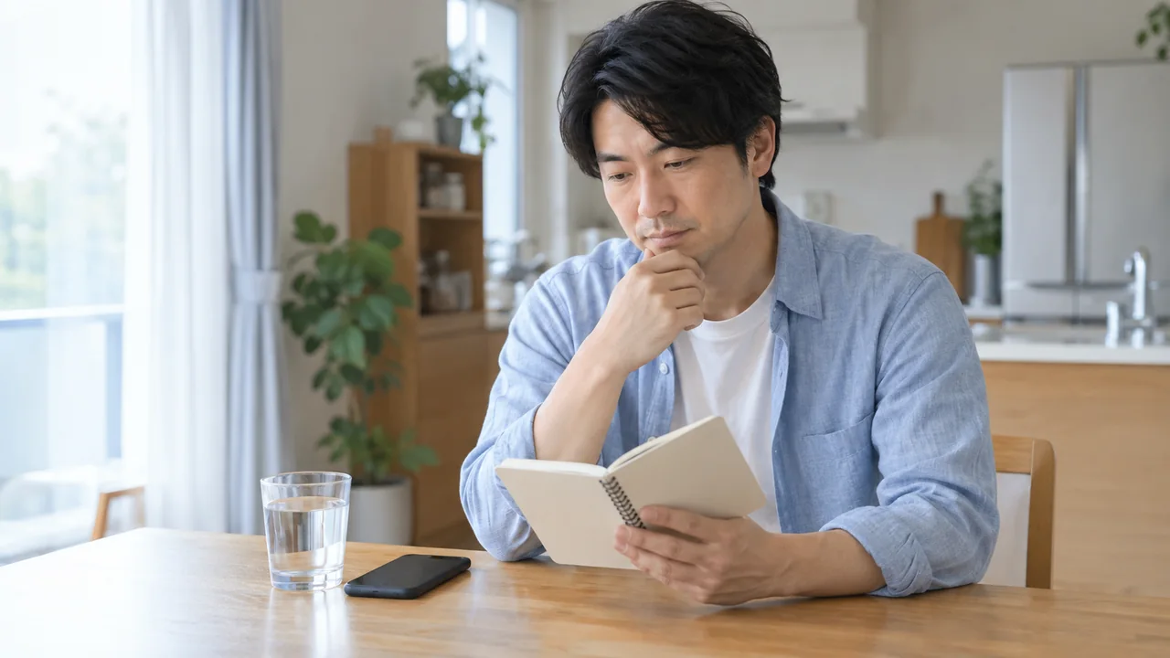 服薬の相談に備えて記録を確認する男性