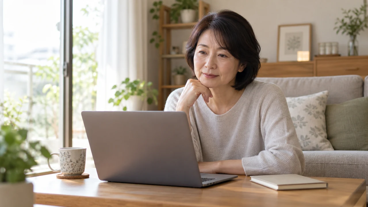 更年期の体調についてオンラインで相談する準備をする女性 更年期の体調についてオンラインで相談する準備をする女性