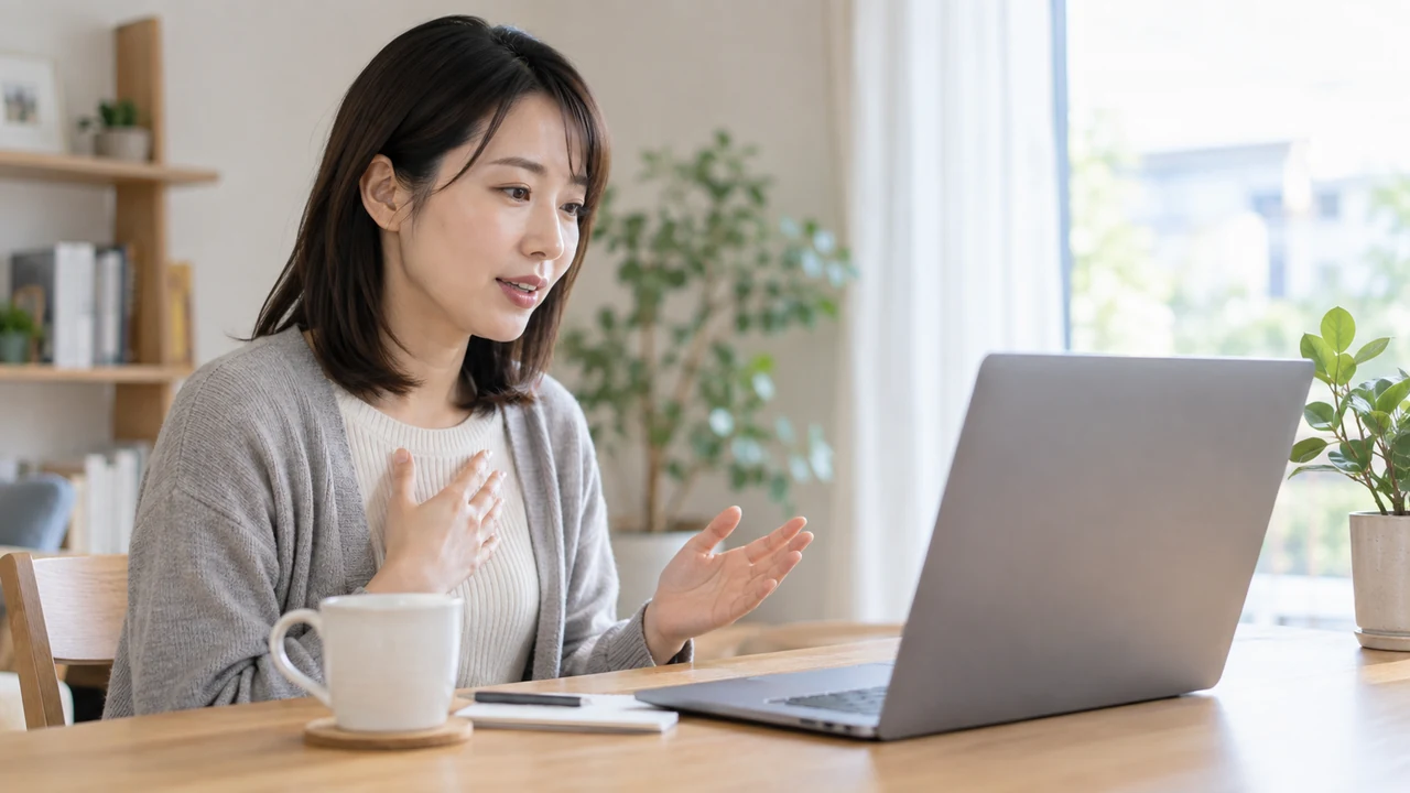自宅の落ち着いた場所からオンラインで体調を相談する女性 自宅の落ち着いた場所からオンラインで体調を相談する女性