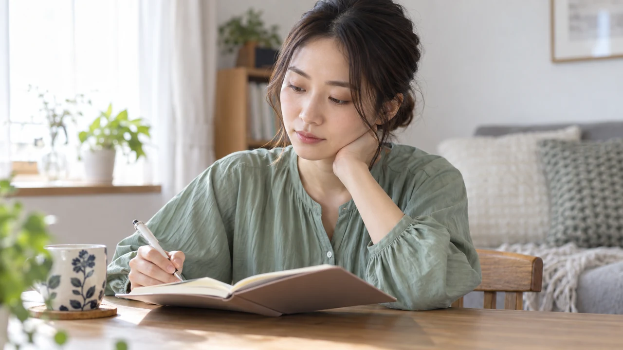 診察で相談するため体調の変化を手帳に記録する女性 診察で相談するため体調の変化を手帳に記録する女性