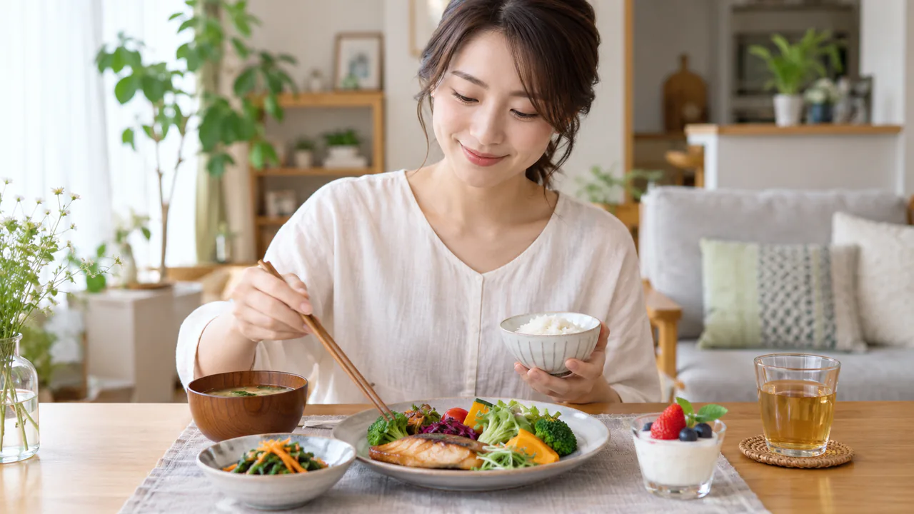 計画的な維持エネルギー日の食事を整える場面 計画的な食事休止日に主食と主菜と副菜を揃えた食事を楽しむ成人女性