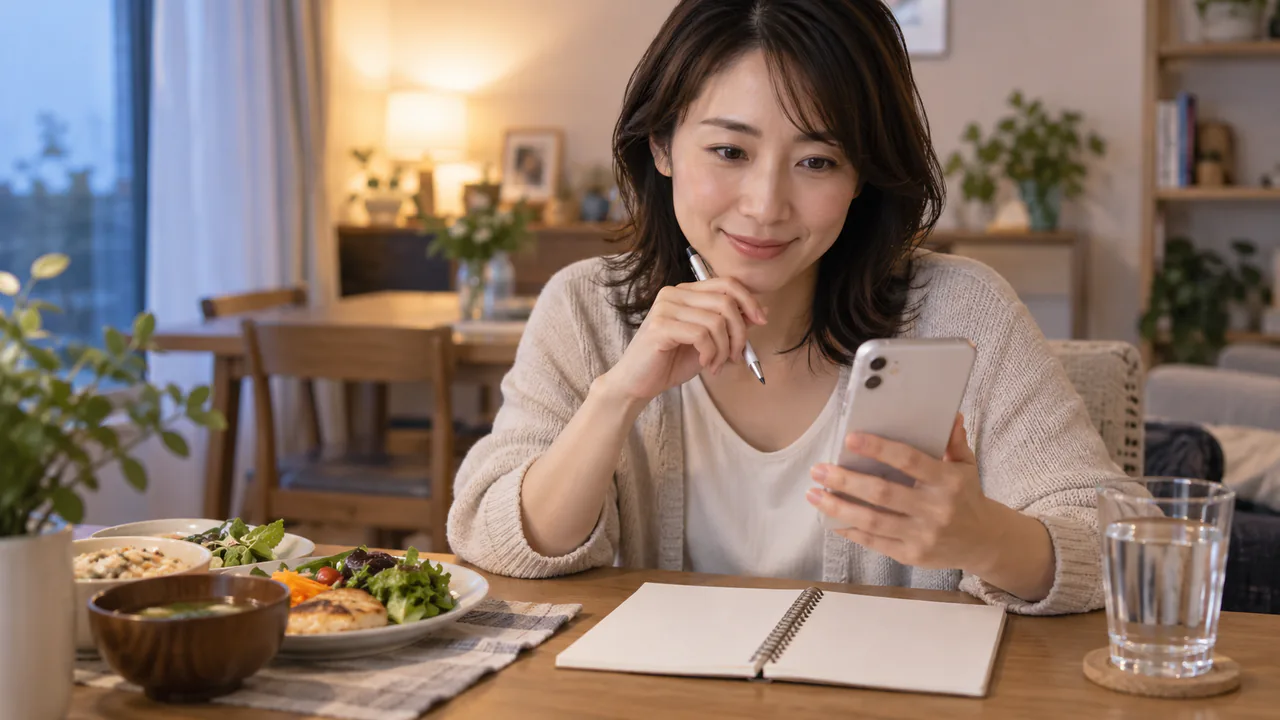 計画的な食事休止日の食事と体調を記録する場面 食事内容と体調をノートとスマートフォンに記録する成人女性