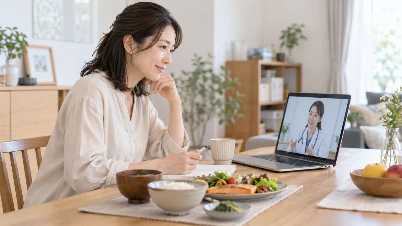 チートデイと薬の使い方を医師へ相談する場面 チートデイとダイエット薬の使い方についてオンラインで医師へ相談する成人女性