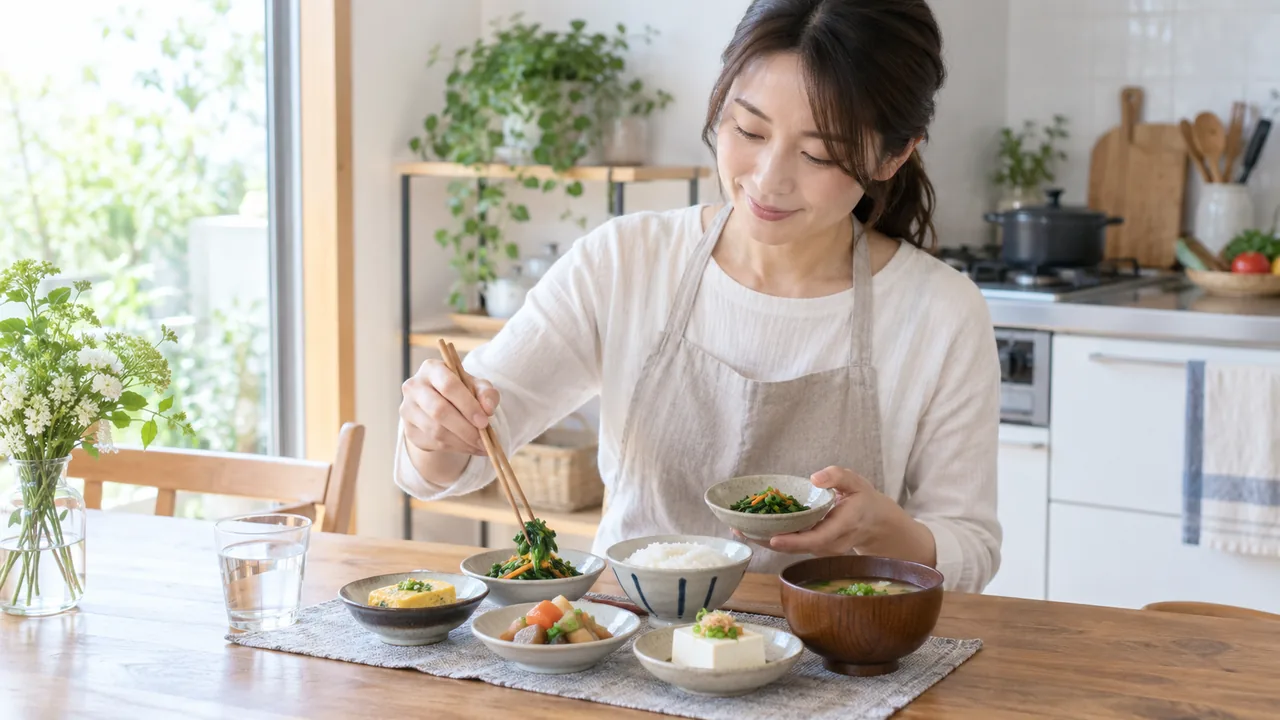 食欲がないときに少量の食事を準備する場面 少量の主食と主菜と野菜を小皿に分けて食事を準備する成人女性