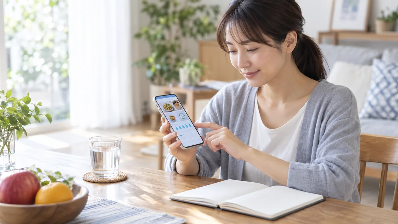 食欲低下時の食事量と体調を記録する場面 食事写真と水分摂取量と体調をスマートフォンで記録する成人女性