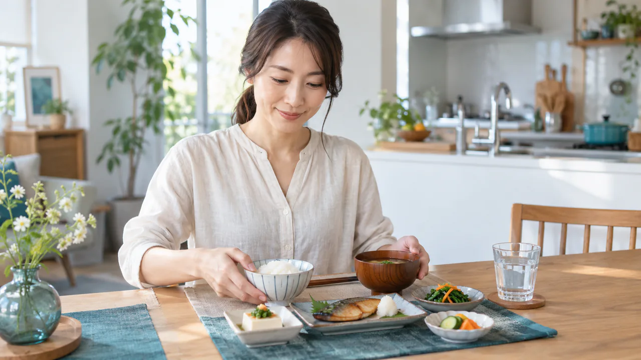 断食後の食事をバランスよく準備する場面 断食後に主食と主菜と副菜を揃えた食事を準備する成人女性