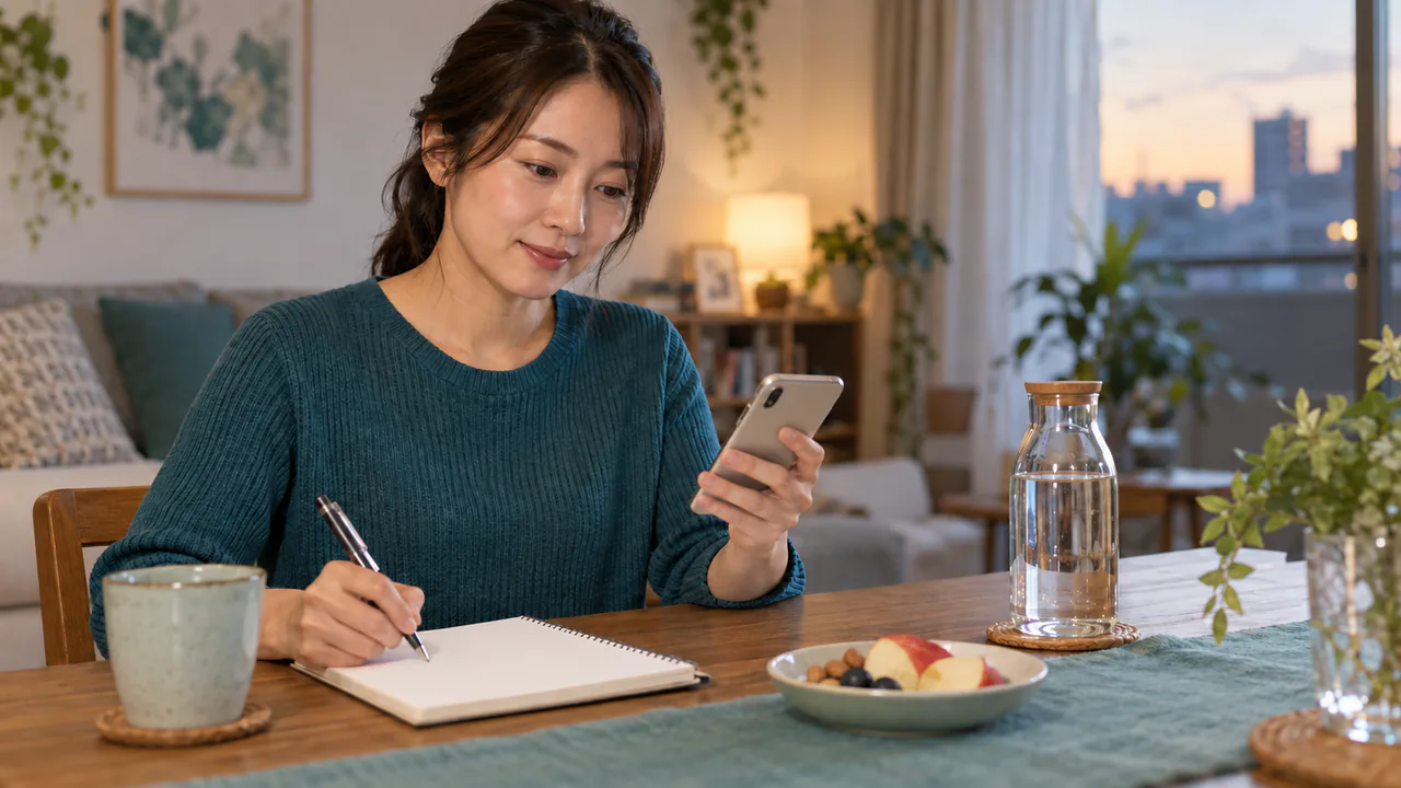 断食中の食事時間と体調を記録する場面 食事時間と水分摂取と体調をノートとスマートフォンに記録する成人女性