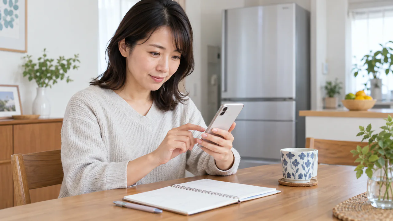 使用開始日と8週間を管理する場面 自己注射薬の使用開始日をカレンダーとスマートフォンで管理する成人女性