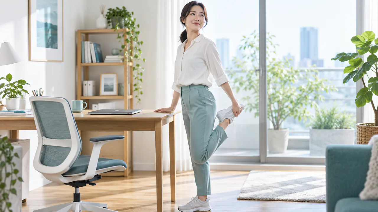デスクワークの合間に立ち上がり足を伸ばす成人女性