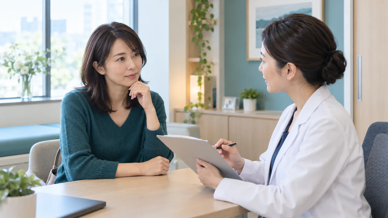 医師と血栓症の個人リスク因子を確認する場面 血栓症の年齢や喫煙歴などのリスク因子を医師と確認する成人女性